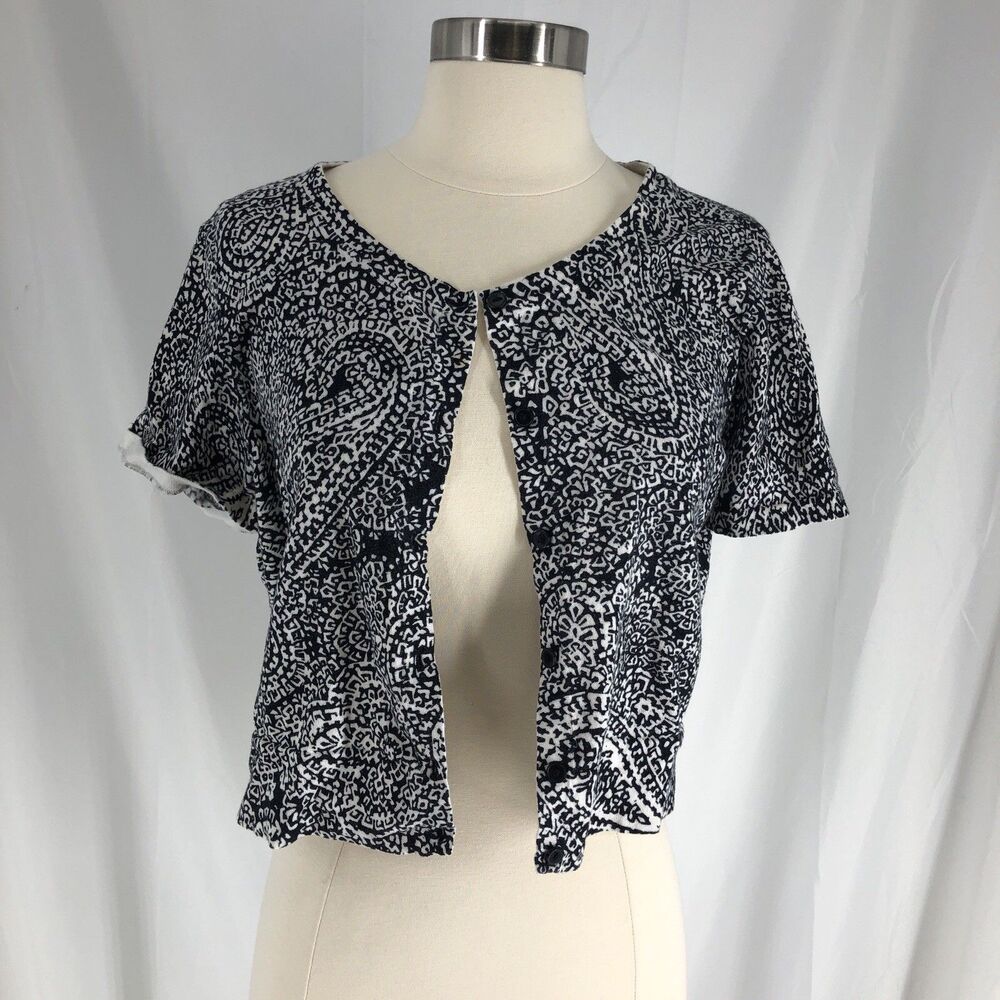 LOFT Women’s Black Paisley Short Sleeve Lightweight Cardigan Sweater Crop M